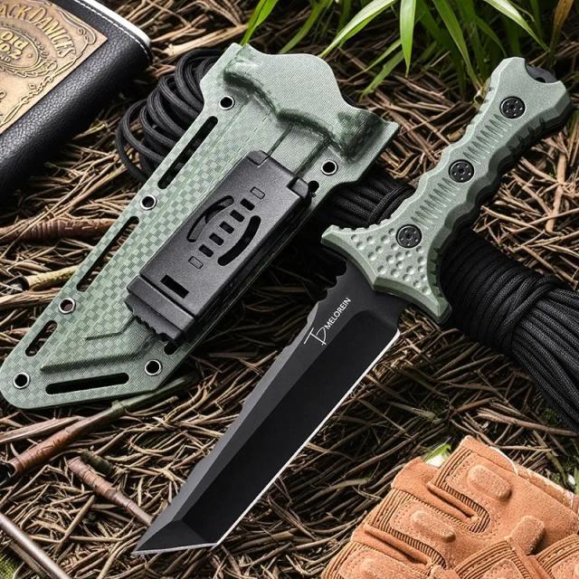 Faca Reta de Caça Full Tang 440 com Bainha K - Faca de Sobrevivência para Camping e Táticas ao Ar Livre