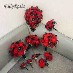 EillyRosia-Wedding Flores Acessórios Set, Bouquet de dama de honra e Boutonnieres do noivo, preto e vermelho, Borgonha - Image 3