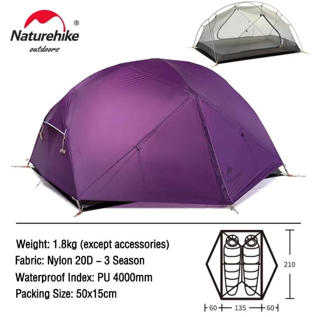 Barraca de Acampamento Naturehike Mongar para 2 Pessoas: Ultraligeira, Dupla Camada e Impermeável para Viagens ao Ar Livre, 3 Temporadas