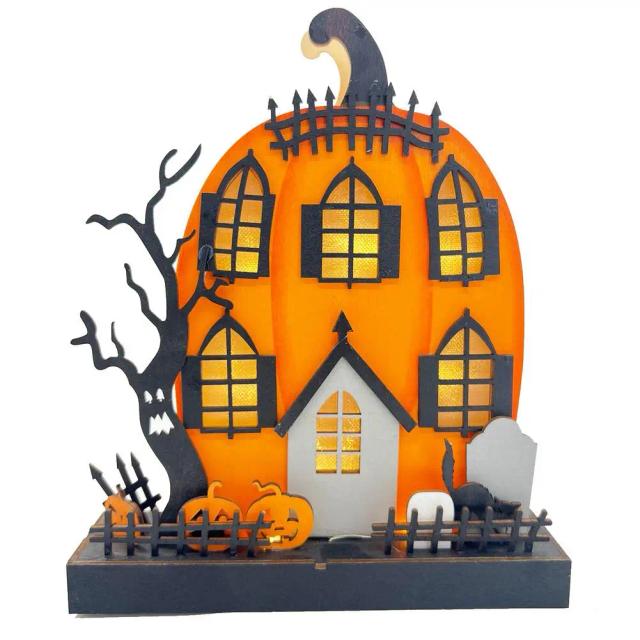 Decoração de Mesa de Halloween com Madeira Iluminada, Abóbora e Casa Assombrada, Operada a Pilhas