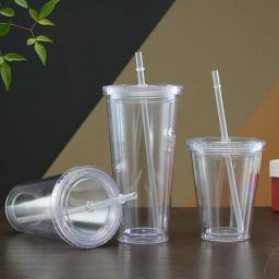 Garrafa de água transparente reutilizável de camada dupla, copo transparente com palha, adequado para café, leite, bricolage, smoothie, bebida, 350ml, 450ml, 650ml - Image 5