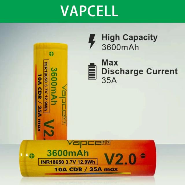 Vapcell V2.0 18650 3600mah Capacidade 10A/35A Li-ion Baterias Recarregáveis INR18650 Bateria Para UAV Brinquedos Lanterna