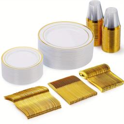 Conjunto De Louça Dourada Para Festas e Casamentos, Placas De Plástico, Placas De Salada, 10 Colheres, 10 Garfos, 10 Copos, 10 Copos - Image 1
