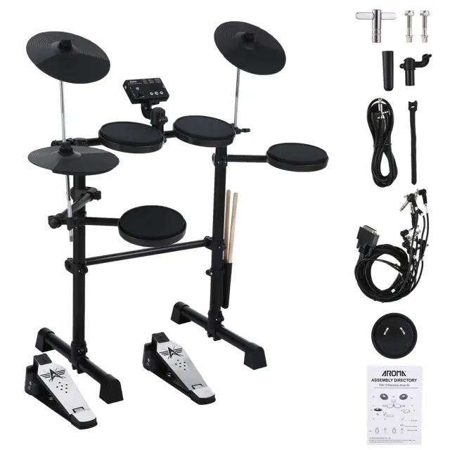 Kit Completo de Bateria Eletrônica para Iniciantes Adultos com Hi-Hat, Pedais e Conexão USB MIDI - 8 Peças e 144 Sons para Presentes Musicais