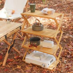 Mesas de acampamento ao ar livre mesa dobrável portátil acampamento prateleira de madeira ao ar livre rack de armazenamento portátil multi-camada dobrável rack de bambu - Image 1