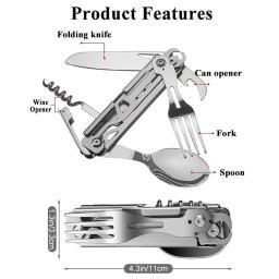 Inoxidável Multifunções portátil canivete, Folding Talheres, Camping Multitool, cortador ao ar livre, garfo, colher, saca-rolhas, talheres - Image 6