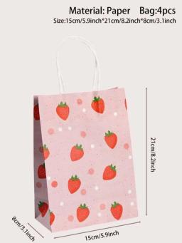 Sacola de papel kraft, saco do presente da impressão do morango, desenhos animados da fruta, 1 conjunto de 4pcs - Image 4