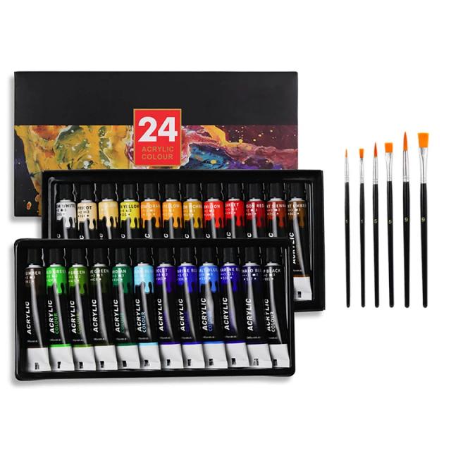 Kit Completo de Tintas Acrílicas Artísticas com Escova e Tubos de 12ml em 24 Cores para Pintura Manual