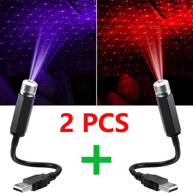 Projetor de Luz Estelar LED para Carro - Atmosfera Romântica com Laser USB para Festas e Decoração de Quarto, 2 Unidades