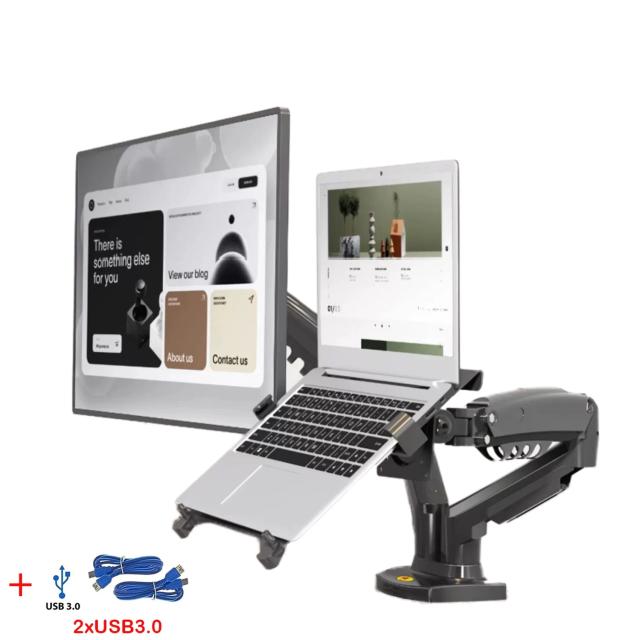 Suporte para Laptop e Monitor Duplo com Braço Ajustável a Gás, Compatível com Monitores de 17" a 27" e Notebooks de 10" a 17"