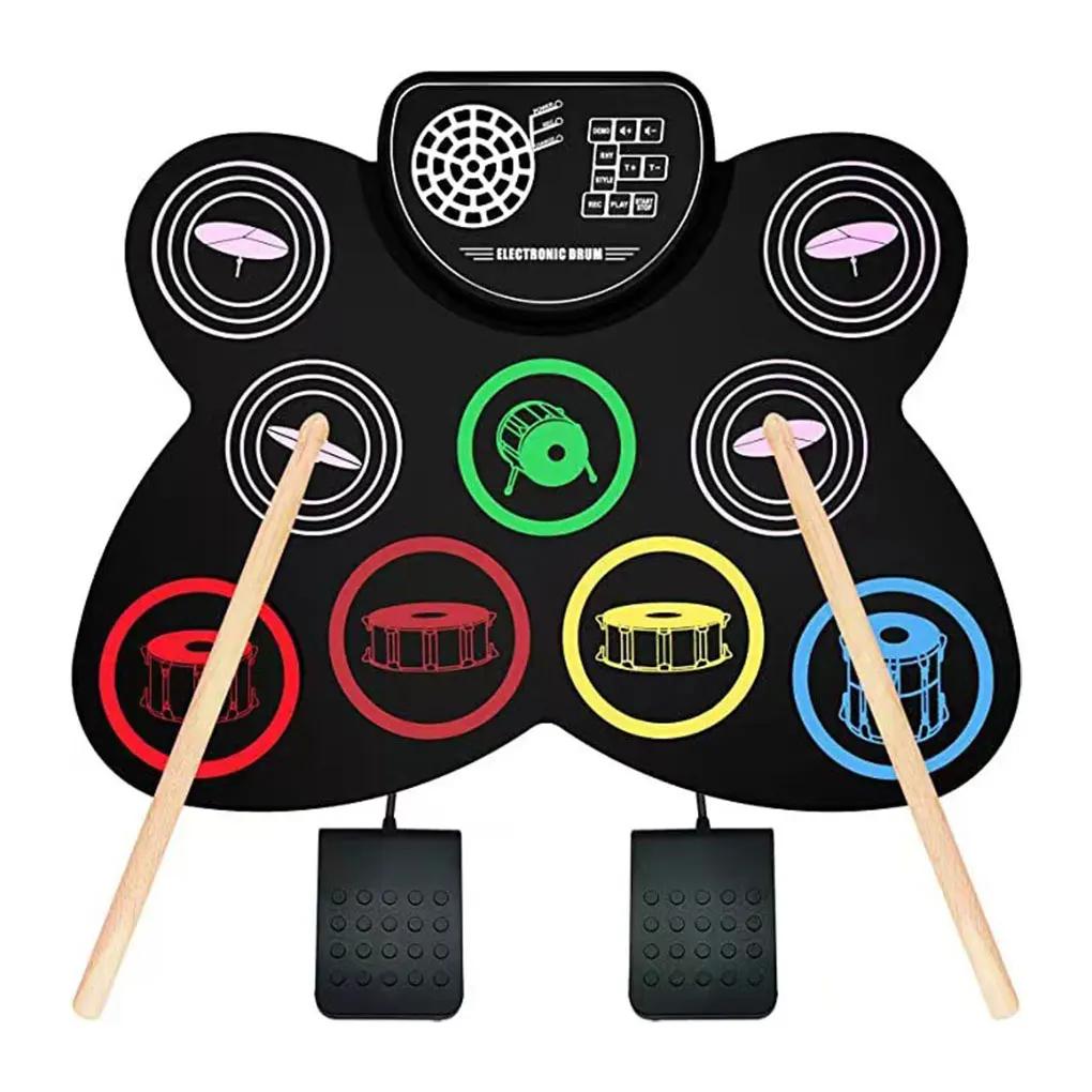 Atualizado elétrico Roll-up Drum Set, Bateria eletrônica Pad máquina, fone de ouvido Jack, alto-falante embutido, baquetas, pedais, presente - Image 1