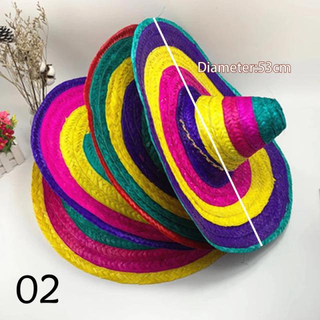 Chapéu de Festa Mexicano Colorido de Borda Larga - Sombrero de Palha Masculino e Feminino para Verão e Halloween