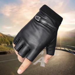 Luvas sem dedos de couro PU masculino, botão sólido, quente, meio dedo, dirigindo, equitação - Image 1