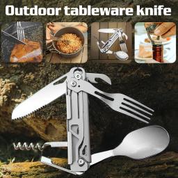 Inoxidável Multifunções portátil canivete, Folding Talheres, Camping Multitool, cortador ao ar livre, garfo, colher, saca-rolhas, talheres - Image 1