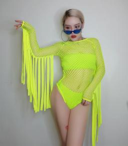 Verde borla macacão boate gogo dançarino palco hip hop roupas dj terno festival rave outfit clubwear dança desempenho - Image 3