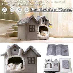 Double Roof Calming Pet House Ninho macio aconchegante com almofada de pelúcia removível Cama de gato Caverna Almofada lavável lavável - Image 1