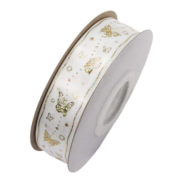 Fita de Cetim Decorativa para Flores e Artesanato com Estampa de Borboletas, 25mm, Ouro e Prata, Ideal para Laços