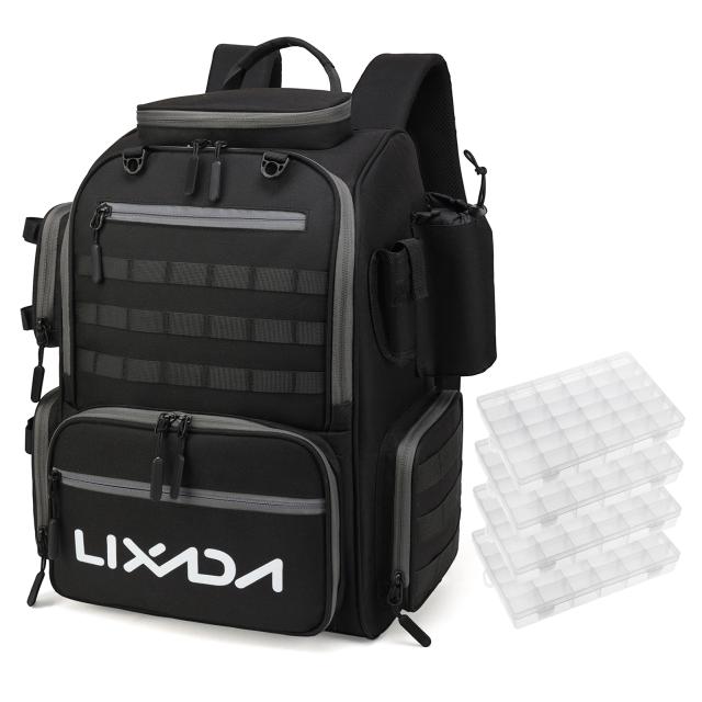 Mochila de Pesca à Prova d'Água com 4 Bandejas e Capa de Chuva para Armazenamento de Equipamentos