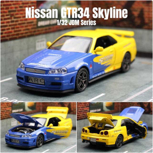 Miniatura de Carro de Brinquedo Nissan GTR34 Skyline com Som e Luz, Coleção Pull Back 1:32, Presente Ideal para Meninos