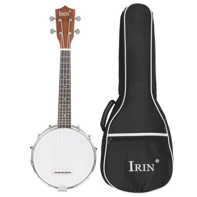 Banjo Ukulele IRIN-4 Cordas com Braço Bege e Escala em Madeira de Rosa, Banjolele Profissional com Estojo Inclusivo