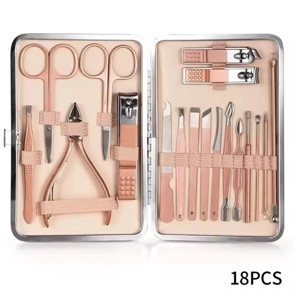 Profissional Manicure e Pedicure Set, Cortador de Unhas Ingrown Nipper, Caso De Couro De Luxo, Ouro Rosa, Venda Quente, 18 em 1 - Image 1