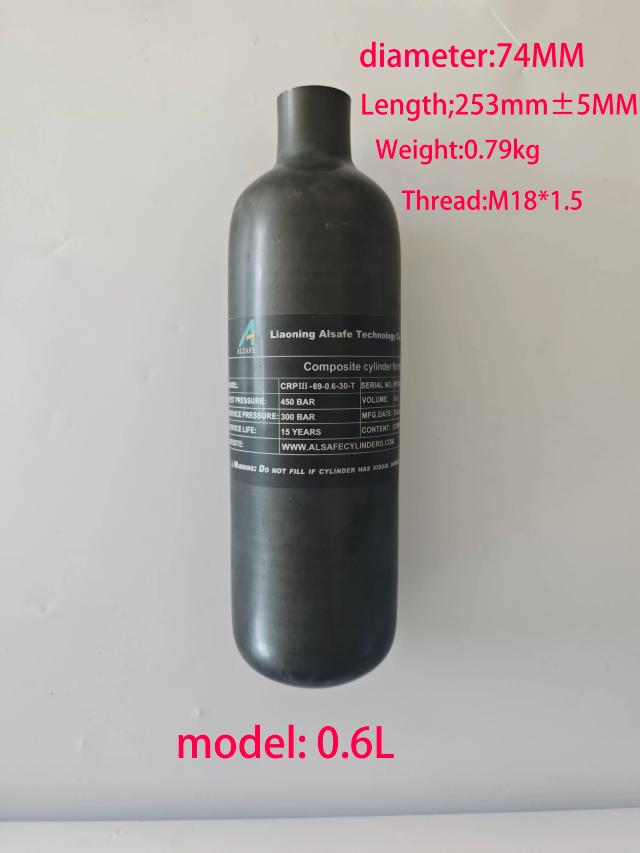 Tanque de Alta Pressão HPA de Fibra de Carbono ALSAFE 0.6L 300Bar 4500Psi M18x1,5 Novo Design