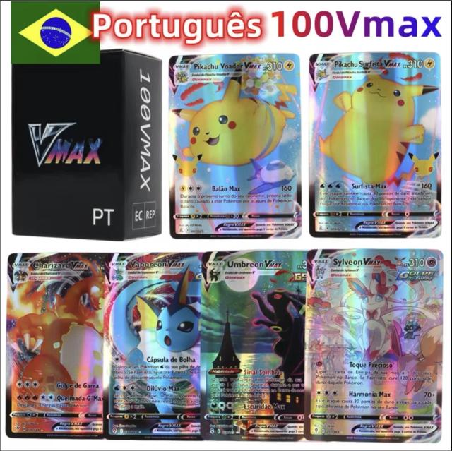 100 Peças Cartas Pokémon Português Terastal Pikachu Vstar Vmax GX Carta Arco-Íris Arceus Brilhante Charizard Cartão Comercial Brinquedo Infantil