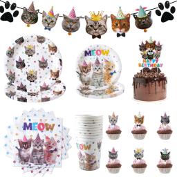 Conjunto de utensílios descartáveis para crianças, Pet Cats Theme Party Supplies, banner de papel, prato, copo, bolo Topper, decoração de aniversário - Image 1