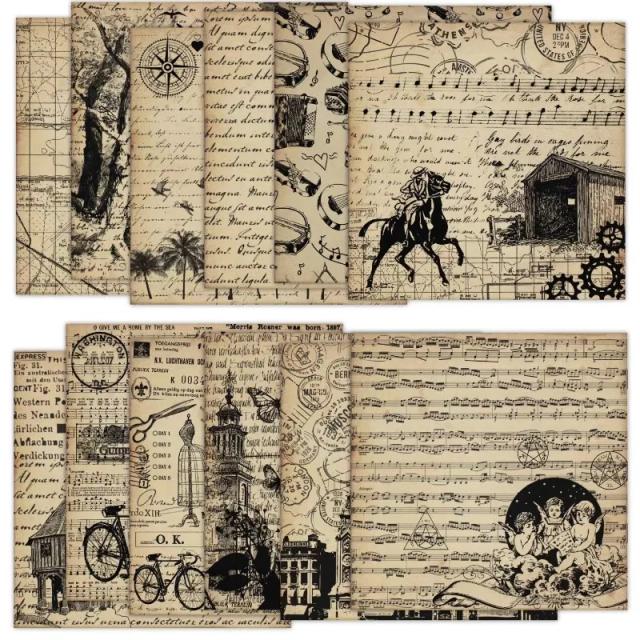 Bloco de Papel para Scrapbook 6x6 com Padrões Sortidos - Cartolina de Decoupage Vintage para DIY e Suprimentos Decorativos em 12 Peças
