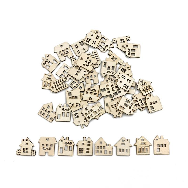 50 peças de madeira formas de artesanato casa em forma de enfeite de madeira recorte folhetos para diy artesanato projeto casa ornamentos - Image 1