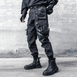 Calças de paraquedista tático com cinto de fita masculino, calças cargo casual Hip Hop Street, bolsos múltiplos, elástico na cintura, roupa elástica, 2023 - Image 4