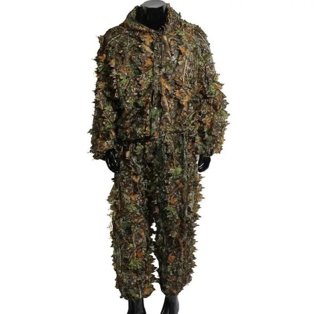 Conjunto de Caça ao Ar Livre para Homens com Camuflagem Ghillie 3D em Folhas da Floresta - Calças e Capa de Camuflagem para Caça Eficiente