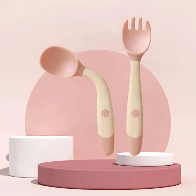 Conjunto Garfo Colher Dobrável Bebê Silicone PP Treinamento Alimentação