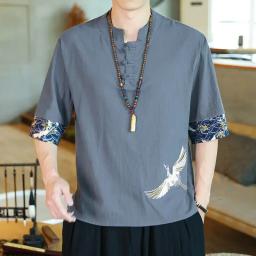 Estilo chinês masculino verão fino algodão linho manga curta camiseta bordado guindaste design solto ajuste botão-up camisa casual - Image 2