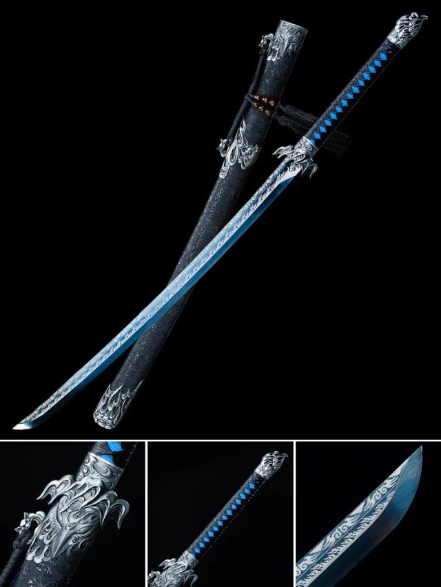 Espada chinesa kongfu feita à mão, aço de alto manganês com lâmina de cor azul, tamanho real, treinamento pronto, chama de prata, catana