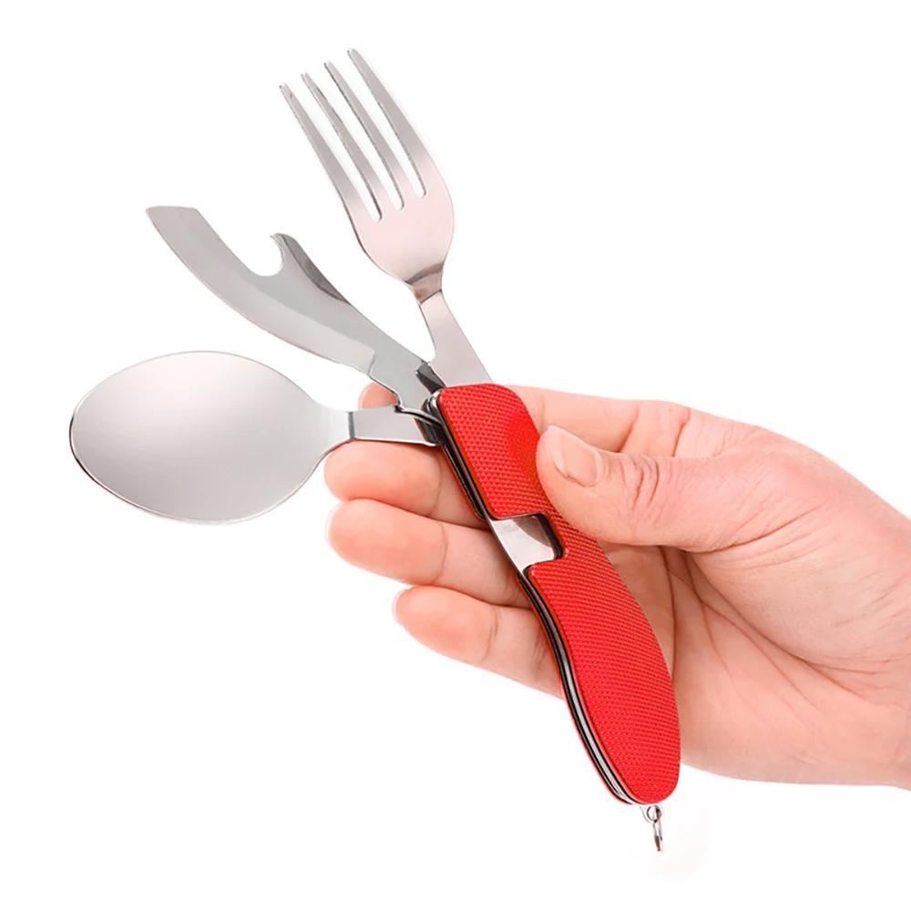 4 em 1 conjunto de utensílios de mesa acampamento ao ar livre cozinhar suprimentos colher aço inoxidável dobrável kits de bolso casa piquenique caminhadas ferramentas viagem - Image 1