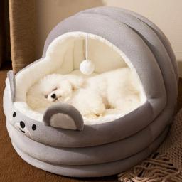 Cama de cama de gato com bola de pelúcia, semi-fechada, macia e aconchegante, cama de cachorro e gatinho, removível e fofa - Image 1