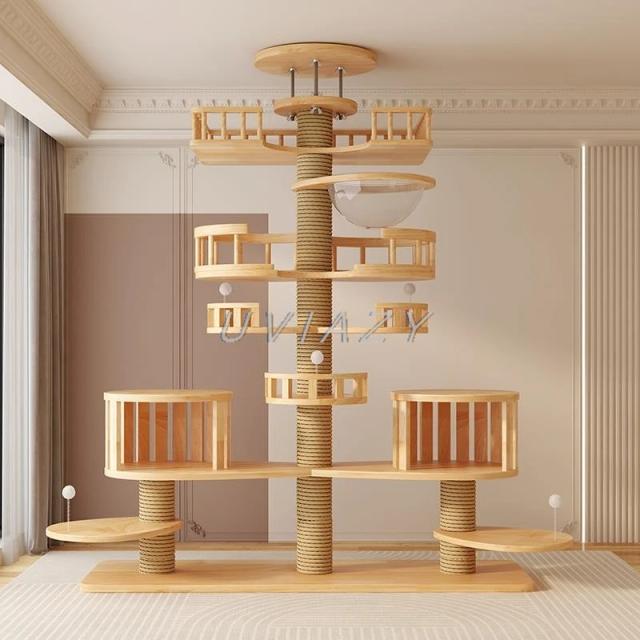 Árvore de gato de vários níveis, do chão ao teto, estrutura de escalada de madeira, pilar de sisal, plataforma de salto, altura da torre 250-270cm