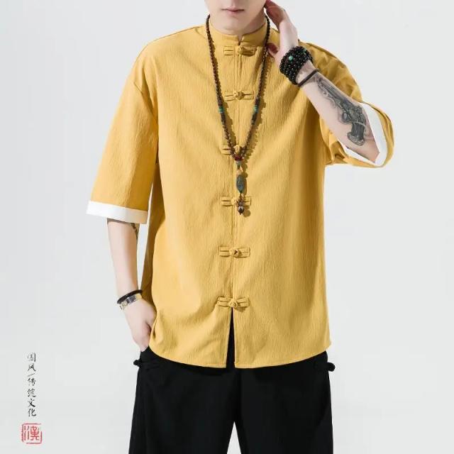 Camisa de linho masculina de verão botões manga de cinco pontos tang terno estilo antigo algodão linho hanfu zhongshan terno