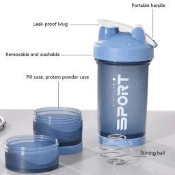 Garrafa de água esportiva plástica sem BPA, agitador de proteínas para academia, copo de mistura ao ar livre, copos vazados, 3 camadas, 450ml - Image 5