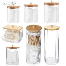 Caixa De Armazenamento De Acrílico com Tampa De Bambu, Jarra Do Banheiro, Organizador De Maquiagem, Algodão Rodada Pad Holder, Dispensador De Algodão, Tampa De Plástico Transparente - Image 1