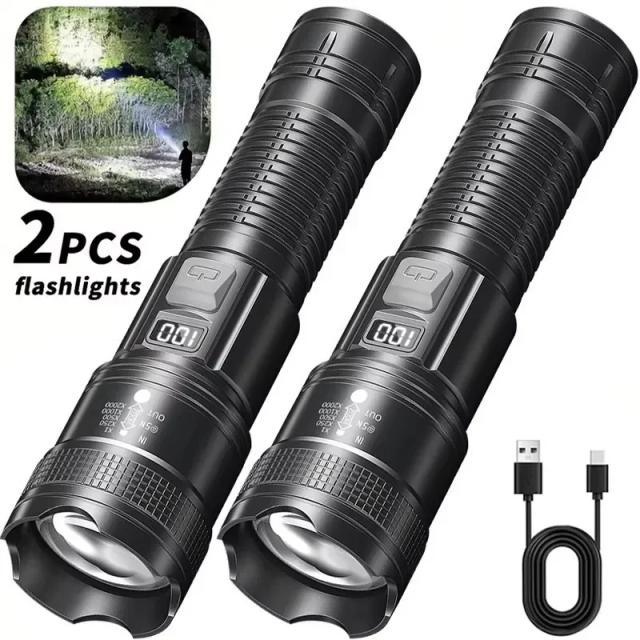Lanternas LED de Alta Potência com Display, Tocha Tática, Luz de Display, Carregamento USB, Camping, Pesca, Defensa Zoom Lanterna, 300000LM