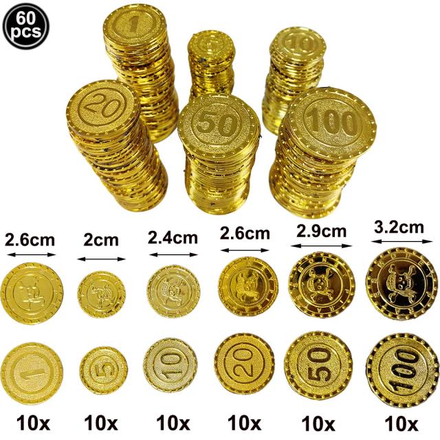 Moedas de Ouro Pirata Plástico Falso Dourado para Festa e Brincadeiras - 30/60/90 Peças