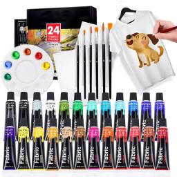 Conjunto de tinta de tecido para roupas, 6 pincéis, 1 paleta, têxtil permanente, kit de pintura inchada para sapatos, lona, 12 cores, 24 cores - Image 1