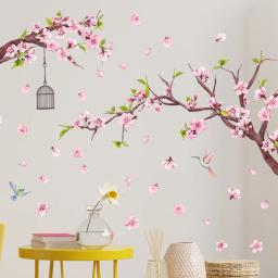 Adesivos de parede florais para quarto e sala de estar, flor de pêssego rosa, ramo de flores e pássaros, decalques para decoração - Image 3