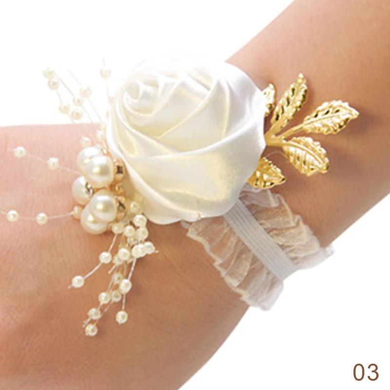 Artificial pérola rosa pulso flores, dama de honra pulseira, corsage, nupcial mão flores, festa de casamento, prom suprimentos, 1pc - Image 1