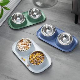 Tigela de gato dupla de aço inoxidável Recipiente de comida para cães Base antiderrapante Alimentador de água para animais de estimação Guarda de segurança de inclinação - Image 1