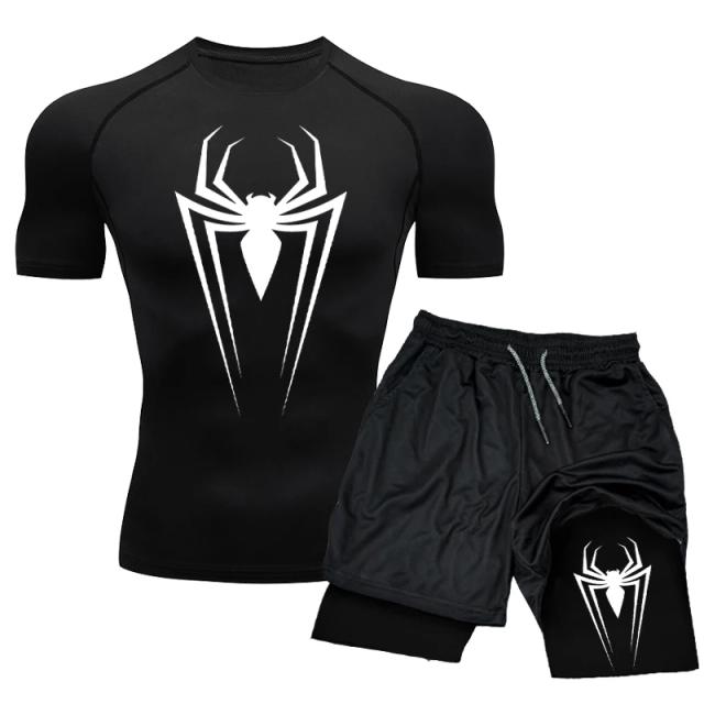 Conjunto Masculino de Compressão para Boxe e Treino com Camiseta de Manga Curta e Shorts de Dupla Camada, Secagem Rápida e Respirável