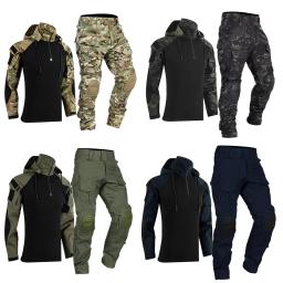 Ternos táticos de paintball, roupas de trabalho, uniforme com vários bolsos, camisas de combate camufladas, calças cargo com capuz, joelheiras, roupas de caça - Image 2