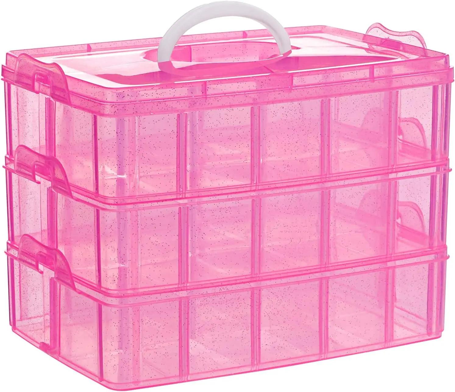 AMOBOX-Caixa De Armazenamento De Plástico Portátil, Caixa Empilhável Para Materiais De Arte, Contas, Fitas Washi, Semente, Acessórios De Cabelo, Rosa, Três Camadas - Image 1
